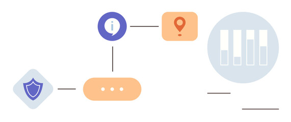 Abstract flowchart linking shield, information icon, location marker, and bar chart. Ideal for security, analytics, navigation, information sharing innovation process management data flow. Simple