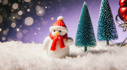 Cute snowman with santa hat and scarf in snowy winter forest scene