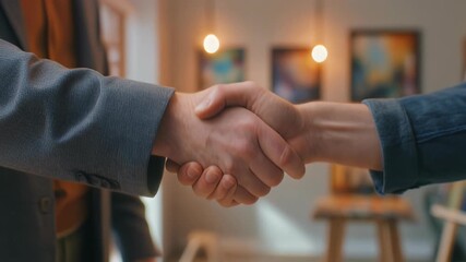 Two people in business attire shaking hands indoors, symbolizing agreement and partnership. - Powered by Adobe