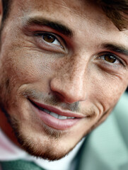 Fototapeta premium Close-Up Portrait Of A Friendly Smiling Man With Warm Expression And Gently Crinkled Eyes