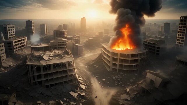 Burning City Ruins with Fire and Smoke Aftermath in a Post-Apocalyptic Urban Wasteland Setting