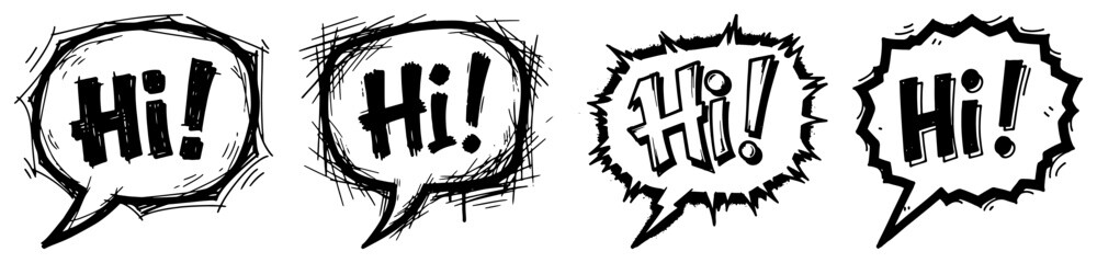 Set of Hand Drawn Comic Speech Bubbles with Hi Text Greeting