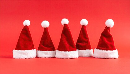 Five Red Santa Hats with White Fur Trim Displayed on a Solid Red Background in Festive Holiday Still Life Composition