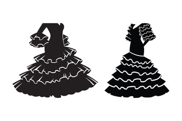 Two black flamenco dresses with ruffled skirts and sleeves