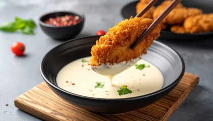 Golden crispy chicken cutlet dipped in creamy sauce served with chopsticks for a delicious meal texture