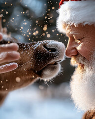 In a heartwarming scene, Santa shares a tender moment with a reindeer in a snowy landscape, showcasing the bond between man and nature during the festive holiday season.