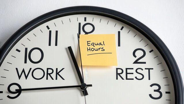 Clock face with note showing equal hours of work and rest