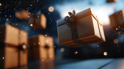 A stunning visual of ornate gift boxes gracefully floating in a cosmic setting, reflecting the joy and excitement of giving during the holiday season, capturing mystical appeal.