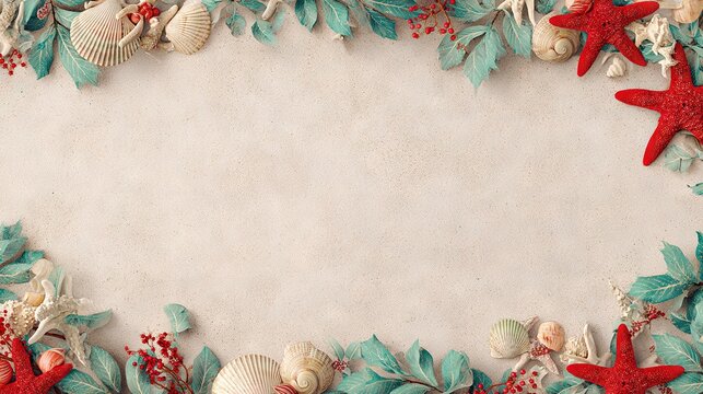 Christmas background coastal theme with shells, starfish, holly leaves and berries around sandy frame