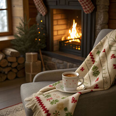 A cozy cup of steaming coffee sits beside a warm fireplace