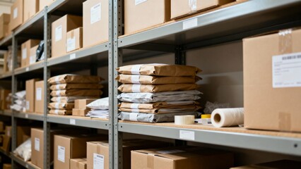 Obraz premium Inventory racks stacked with cardboard boxes and poly mailers in fulfillment warehouse.