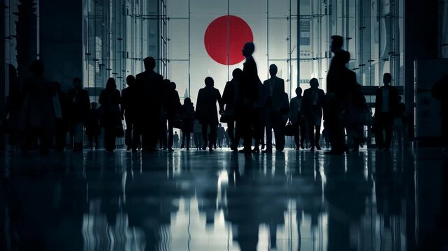 日の丸の見えるオフィスビルを行き交うビジネスマンの群衆シルエット