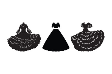 Silhouettes of three elegant black dresses with full skirts