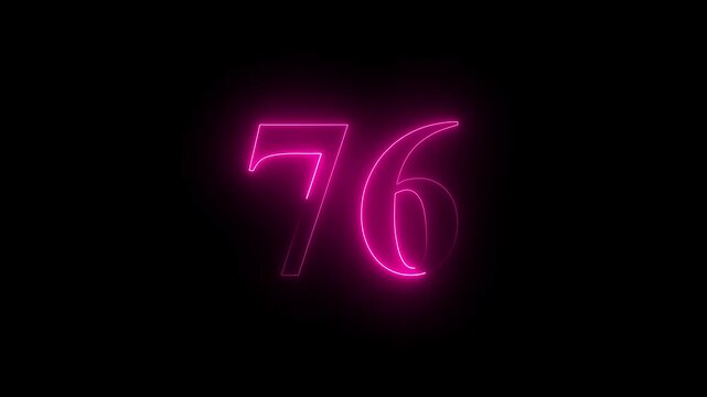 neon glowing text 76 number countdown icon on black background 4k animation. Neon number 76 with alpha channel.