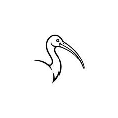 A minimalist black line drawing of an ibis isolated on transparent background