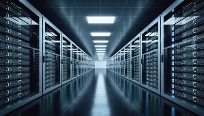 Modern server room with powerful data center hardware illuminating a sleek and futuristic design for cloud computing and hosting solutions, driving digital transformation