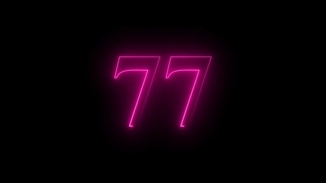 neon glowing text 77 number countdown icon on black background 4k animation. Neon number 77 with alpha channel.