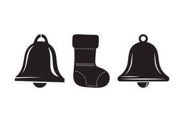 Simple black silhouette icons of two bells and a christmas stocking