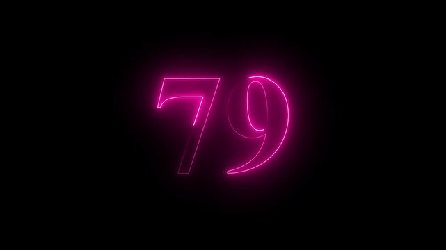neon glowing text 79 number countdown icon on black background 4k animation. Neon number 79 with alpha channel.