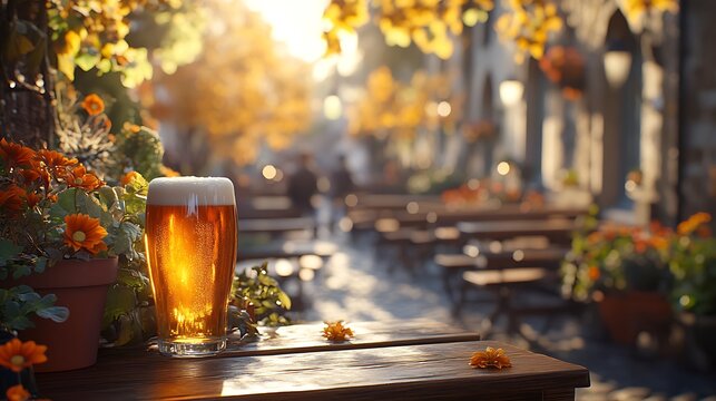 Beer on patio in autumn.