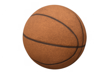 Basketball game ball for team sports showing textured surface and black seams on transparent background