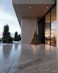 A beautifully decorated Christmas tree is showcased at the entrance of a sleek modern building, perfectly capturing the festive spirit and elegance of the holiday season.