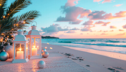 Christmas tree on a sandy beach at night with waves and a tropical ocean view