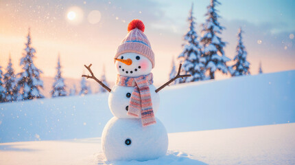 Obraz premium Charming snowman wearing a knitted hat and scarf in a snowy winter landscape