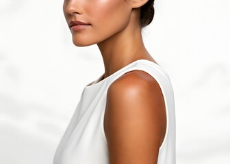 Close-up of a woman's shoulder and upper arm with smooth skin and a sleeveless white top