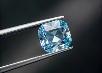 Aquamarine gemstone held in tweezers. Macro photo of blue mineral crystal. Luxury jewelry design element. Precious stone against a dark background. Detail of gem facets.
