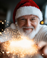 In this enchanting image, Santa Claus gleefully showcases magical sparkles emanating from his hands, encapsulating the whimsical essence of the holiday season.