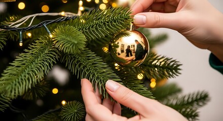 Close-up of hands decorating a Christmas tree with a gleaming golden ornament.
