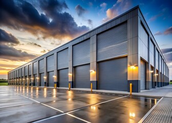 Long modern industrial building with dark grey roller shutter doors at dusk. Wet asphalt ground reflects bright security lights. New warehouse, factory, distribution center property stands ready