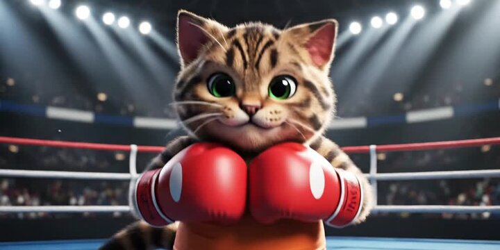 boxing cat illustration, funny furry cartoon cat in red gloves and orange tank top, adorable character design