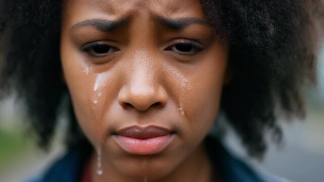 Close-up of a young African-descent woman's face with tears rolling down her cheek showing sadness and vulnerability