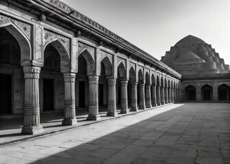 Stark monochrome image of architectural details; intricate shadows, geometric lines, stone, old