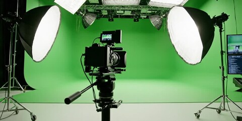 Professional studio setup with green screen, lighting equipment for video, photo production. Cameras, tripods positioned in front of green screen ready for filming. High-tech studio environment ready 