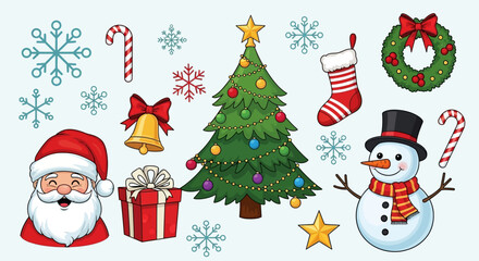 A vibrant collection of Christmas holiday elements including Santa Claus, a decorated tree, snowman, snowflakes, and festive ornaments.