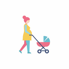 Fototapeta premium Woman walking with a stroller in simple flat illustration style, wearing casual clothes. Woman walking displays a pregnant woman pushing baby carriage,