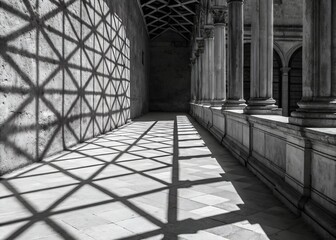 Stark monochrome image of architectural details; intricate shadows, geometric lines, stone, old