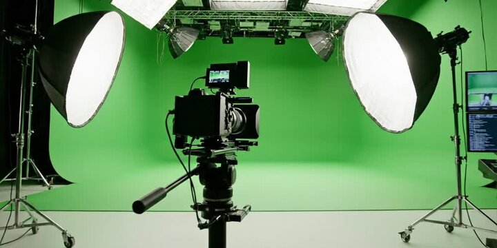 Professional studio setup with green screen, lighting equipment for video, photo production. Cameras, tripods positioned in front of green screen ready for filming. High-tech studio environment ready 