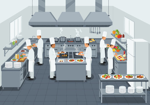 Busy commercial restaurant kitchen with a team of professional chefs in uniform cooking and preparing gourmet meals. Culinary staff at work vector illustration - Powered by Adobe