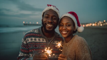 Joyful couple celebrating christmas holiday with sparklers on beach at night