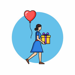 Woman walking with gift, carrying present and heart-shaped balloon for celebratory event. Woman walking showing joy, holding gift box tied with purple ribbon while strolling.