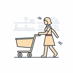 Woman walking with shopping cart in supermarket aisle, illustration. Woman walking towards checkout past shelves of consumer goods. Modern design woman walking, flat illustration for advertisements.