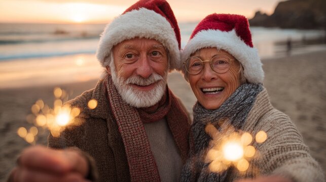 Senior couple wearing santa hats holding sparklers on beach - Powered by Adobe