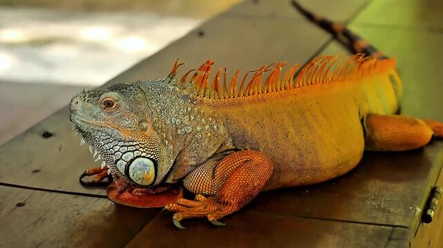 A brown iguana is active under the hot sun at a zoo in Lombok, Indonesia.