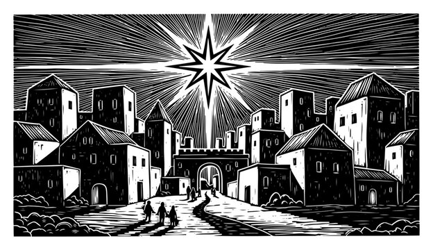 Vintage Woodcut Vector Illustration of Bethlehem City and Christmas Star at Night