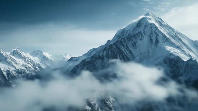 Snow covered mountain range scenic landscape with dramatic cloudy sky