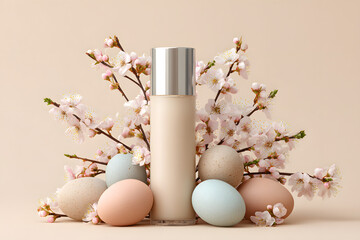 cosmetic bottle surrounded by pastel eggs and blossoms on a clean beige backdrop for soft spring styling